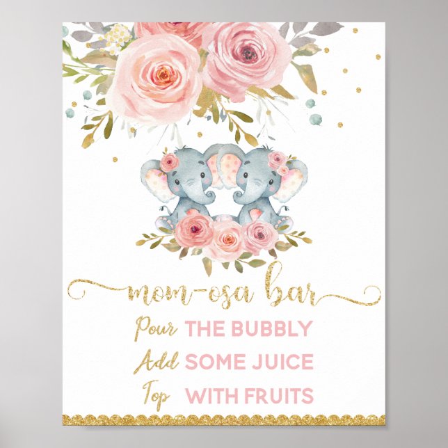Poster Momosa Bar Mimosa Bar Twins Elephant Baby shower (Devant)