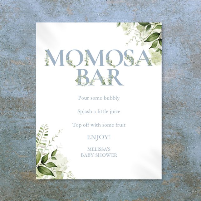 Poster Momosa Bar Verdure Dusty Baby shower bleu (Momosa Bar Greenery Dusty Blue Baby Shower Poster)