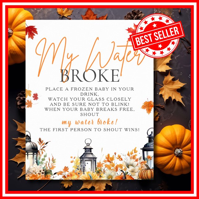 Poster MON EAU A BRISÉ Baby shower Jeu Un Peu Citrouille (MY WATER BROKE A Little Pumpkin is on the Way Fall Autumn Baby Shower Game Poster)