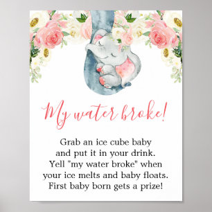 Poster Mon eau cassé jeu fille baby shower éléphant signe