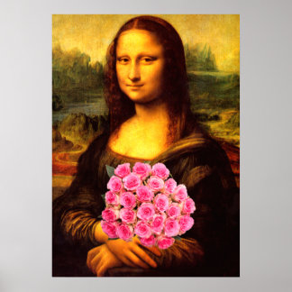 Poster Mona Lisa With Bouquet Of Pink Roses