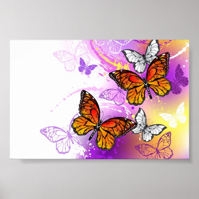 Poster Monarch Butterflies on Purple Background (Devant)
