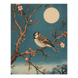 Poster – Mondbeschienener Vogel auf einem Blütenzw