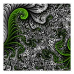 Poster Monde Fantastique Art Fractal Abstrait Vert Et Gri
