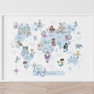 Poster Monde marin magique, sirènes, chevaliers, carte du