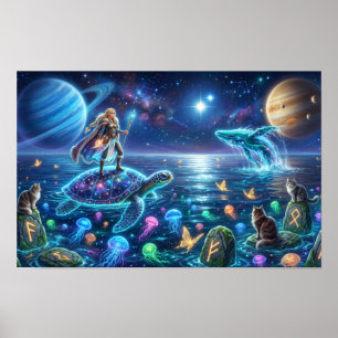 Poster Monde Tortue Océan Cosmique — Art Fantastique Nord