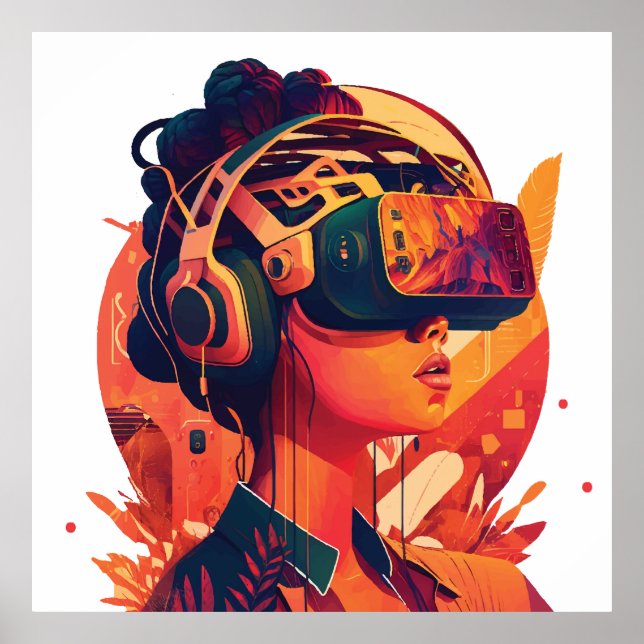 Poster Mondes virtuels : femme portant un casque VR (Devant)