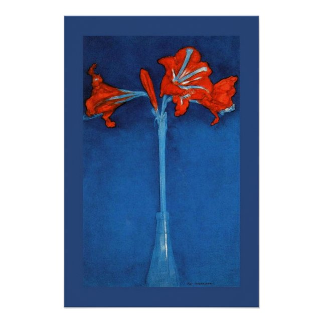 Poster Mondrian - Amaryllis sur Arrière - plan bleu. (Devant)