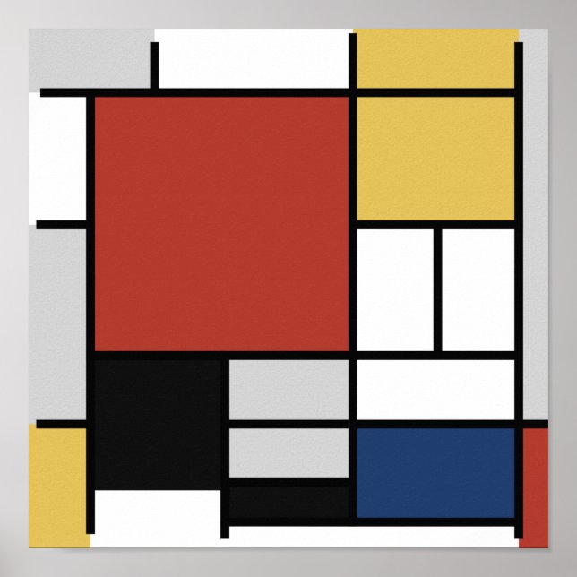 Poster Mondrian Peinture Rouge Plane Jaune Noir Gris Bleu (Devant)