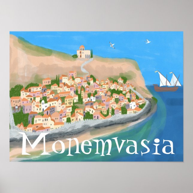 Poster MONEMVASIA GRÈCE Ile Art Voyage Illustration (Devant)