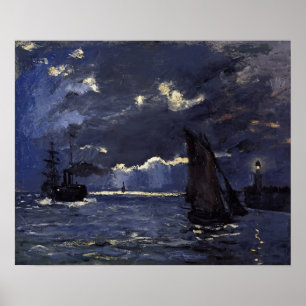 Poster Monet - Un paysage marin avec navires au clair de
