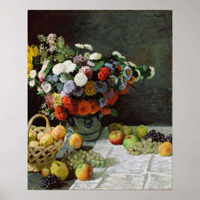 Poster Monet - Vie morte avec fleurs et fruits (Devant)