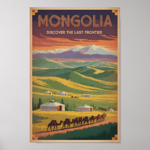 Poster Mongolie Chameaux Yourte Illustration Art de Voyag
