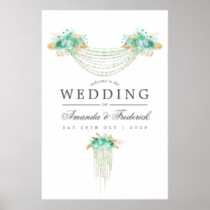 Poster Monnaie et or String éclats Floral Mariage Bienven