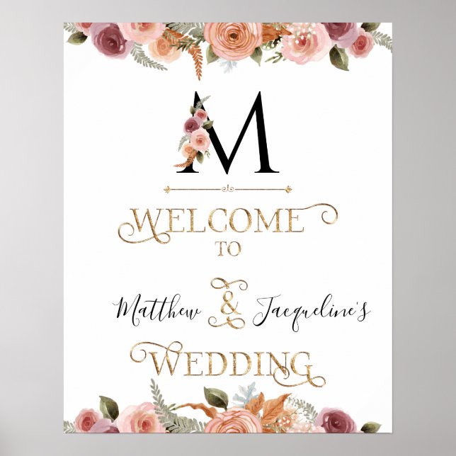Poster Monogram Gold Floral Calligraphie Bienvenue Mariag (Devant)