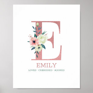 Poster Monogram Letter E Pink Watercolor Floral Nursery