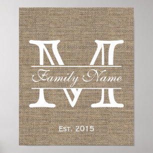 Poster Monogram Rustic Burlap Nom de famille