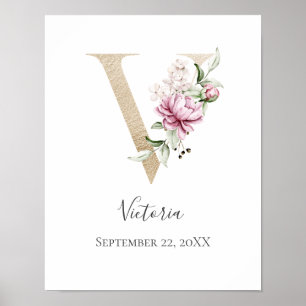 Poster Monogram V Pink White Floral Gold Letter Nursery