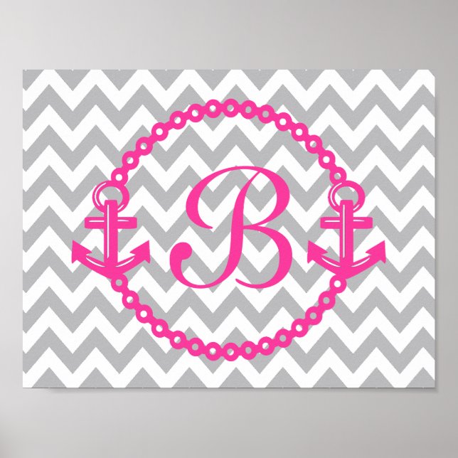 Poster Monogramme Ancre rose Chevron Imprimer (Devant)