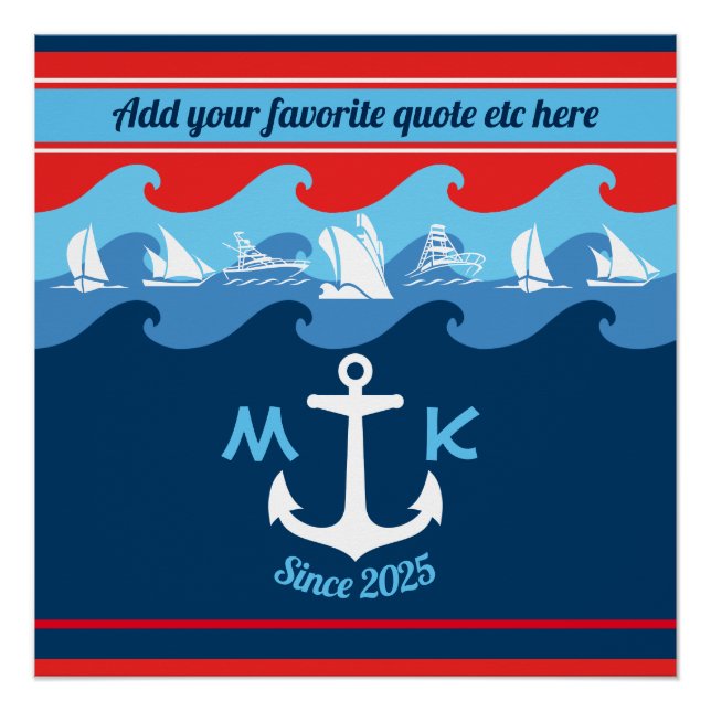 Poster Monogramme Ancre Vagues Bateau Rouge Blanc Bleu Na (Devant)