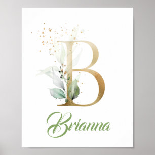 Poster Monogramme B en lettres dorées feuillage feuilles