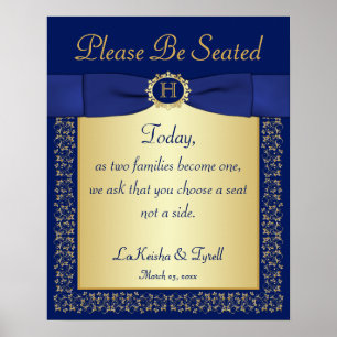 Poster Monogramme bleu, or Floral Mariage signe pour l'ég