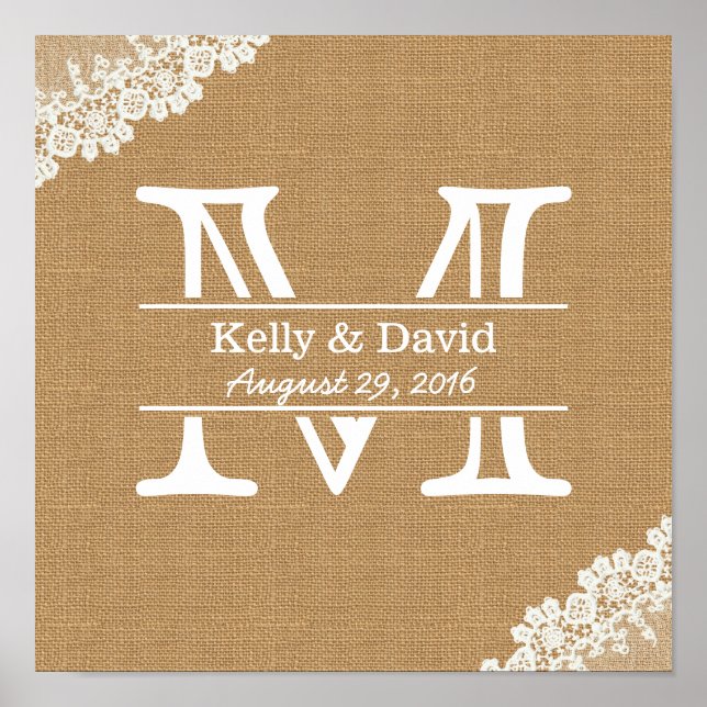 Poster Monogramme Burlap & dentelle Mariage rustique (Devant)