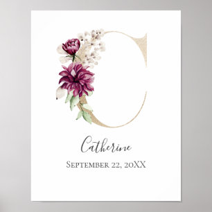 Poster Monogramme C Rose Blanc Floral Lettre Dorée Nurser