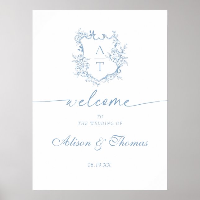 Poster Monogramme classique Dusty Blue Mariage Bienvenue (Devant)