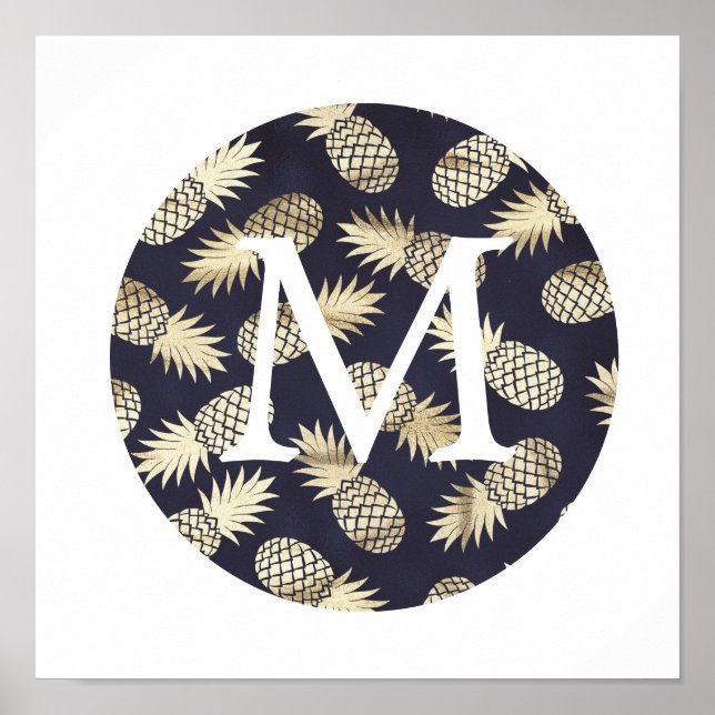 Poster monogramme d'ananas mignon en fausse feuille d'or (Devant)