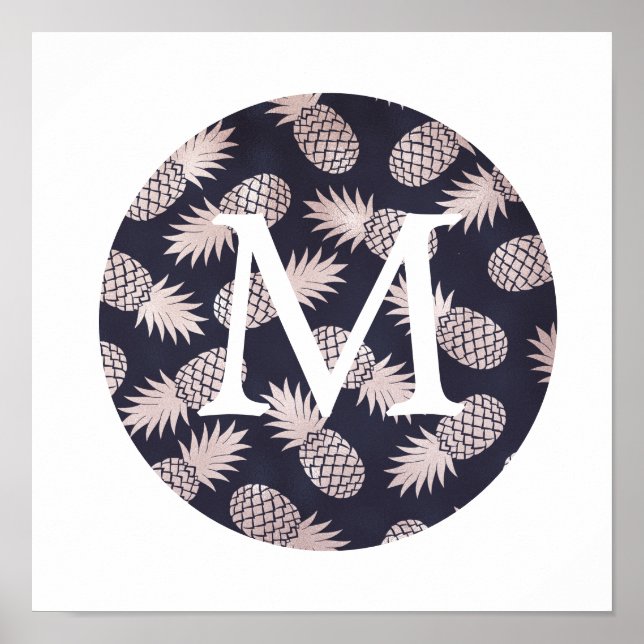 Poster monogramme d'ananas rose d'or à fausse feuille mig (Devant)