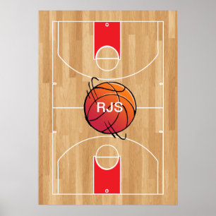 Poster Monogramme de basket-ball sur terrain de basket-ba