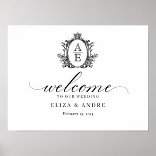 Poster Monogramme de la crête royale Mariage noir et blan