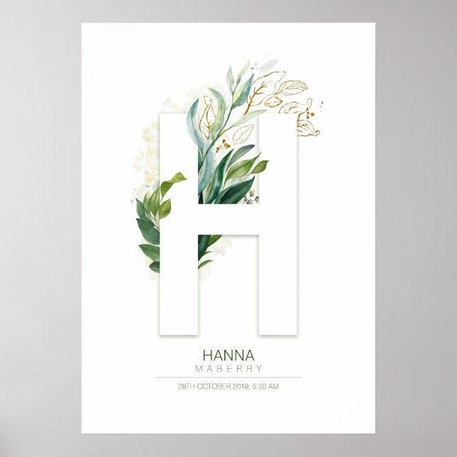 Poster Monogramme de lettre H or feuillage Chic (Devant)