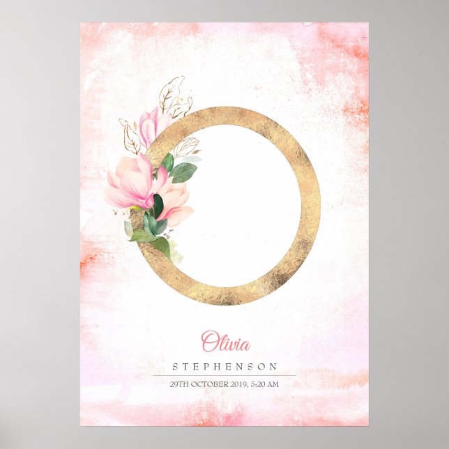 Poster Monogramme de lettre O en or Feuilles de magnolia  (Devant)
