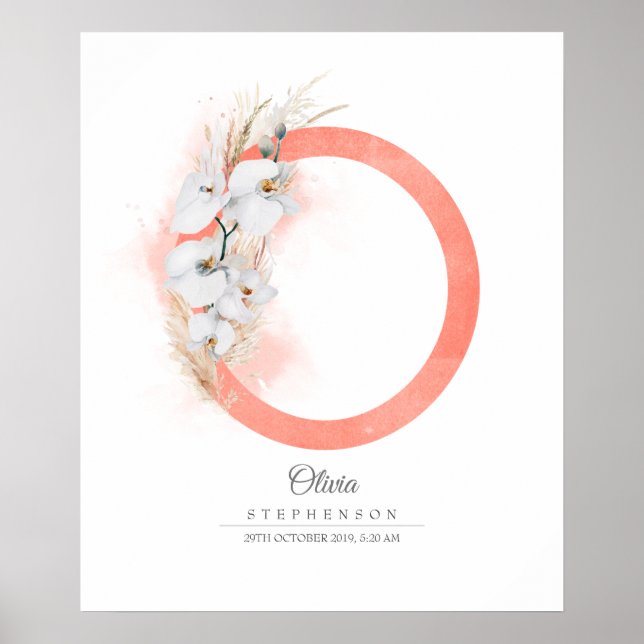 Poster Monogramme de lettre O Orchidées blanches et herbe (Devant)