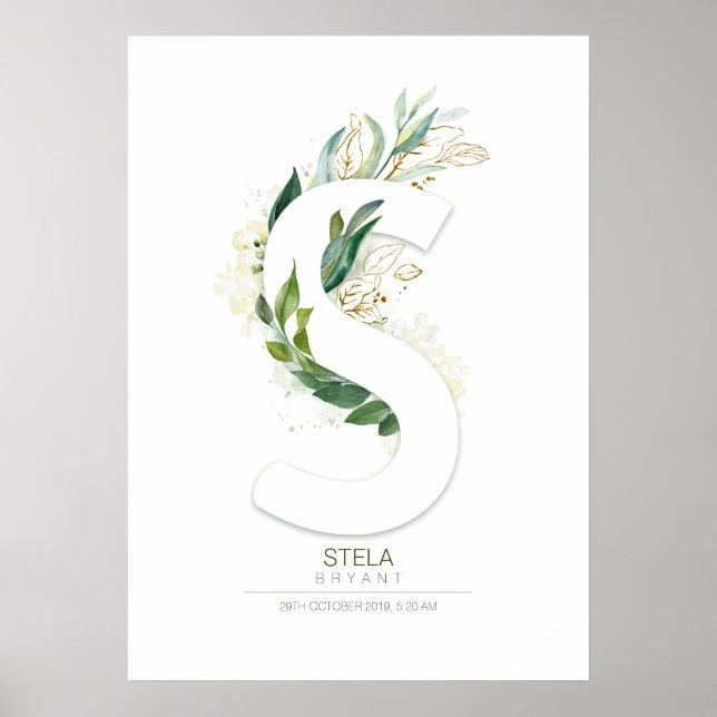 Poster Monogramme de lettre S or feuillage chic verdure (Devant)