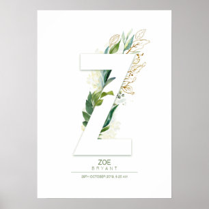 Poster Monogramme de lettre Z Or Feuillage de verdure Rêv