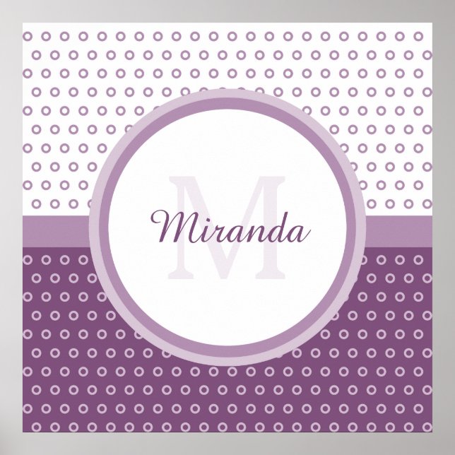Poster Monogramme de Pois mod violet et blanc avec nom (Devant)