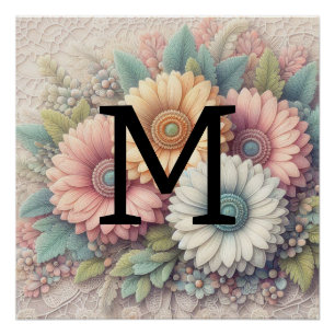 Poster Monogramme dentelle fleurie rose orangé marguerite