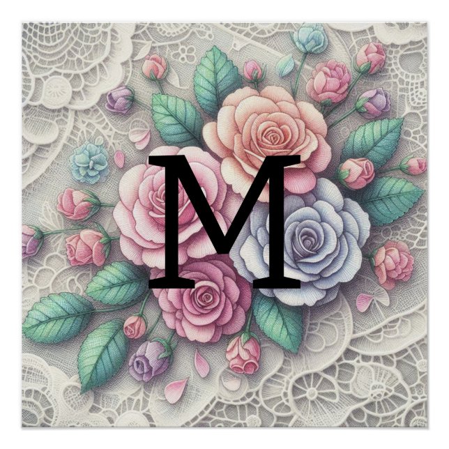 Poster Monogramme dentelle floral rose violet bleu roses (Devant)