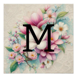 Poster Monogramme dentelle rose violet fleurs de magnolia