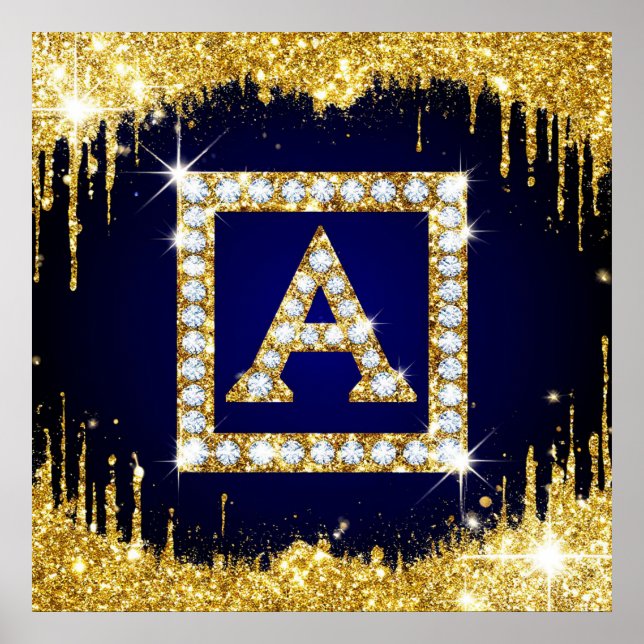 Poster Monogramme doré initial A avec paillettes bleues (Devant)