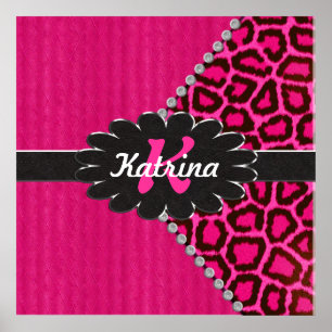 Poster Monogramme en cuir noir sur Cheetah rose