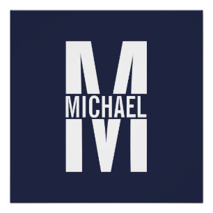 Poster Monogramme et nom personnalisés bleu marine