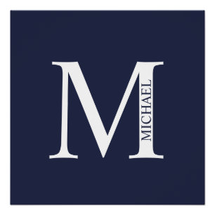 Poster Monogramme et nom personnalisés bleu marine