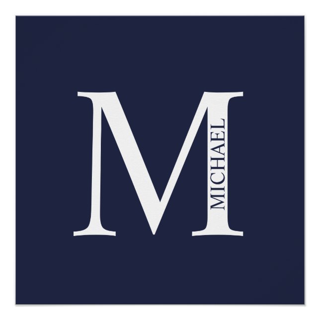 Poster Monogramme et nom personnalisés bleu marine (Devant)