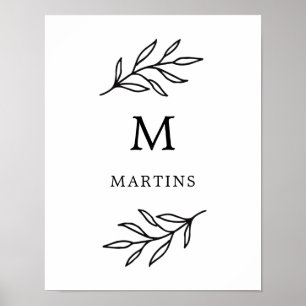 Poster Monogramme Feuille botanique noir et blanc minimal