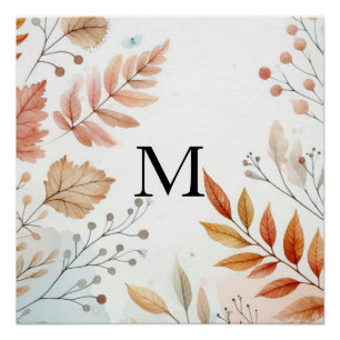 Poster Monogramme Feuilles d'automne aquarelle couleur pa