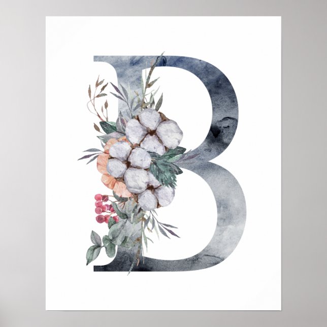 Poster Monogramme floral bleu initial B (Devant)